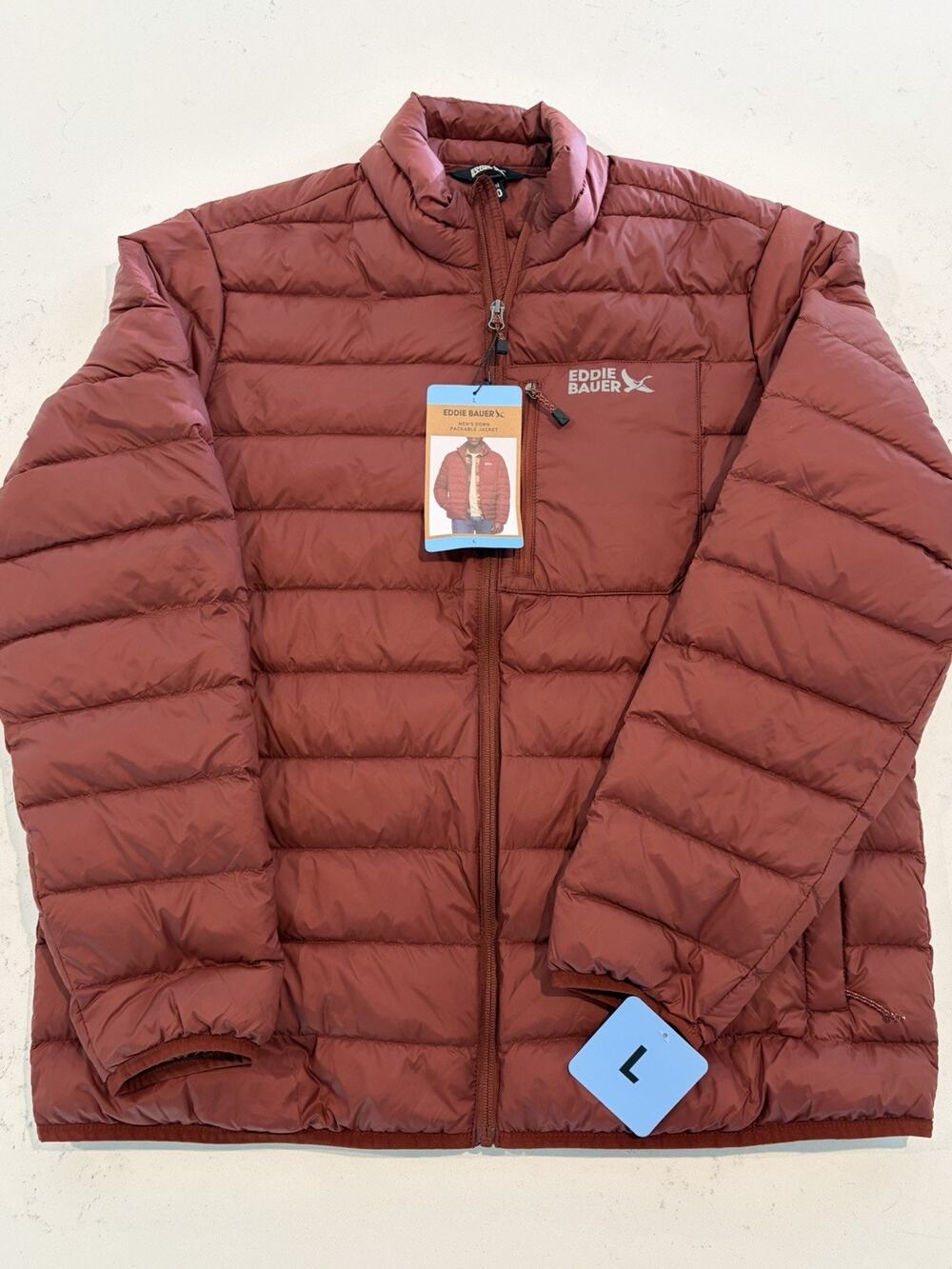 NWT Eddie Bauer 650 Fill Down Packable Puffer Jacket Men’s L Rust Full Zip
